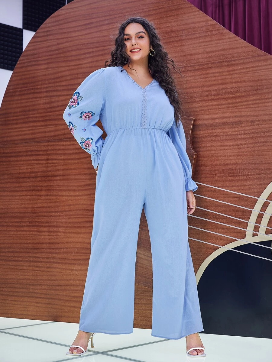 Mulvari Plus Flounce Sleeve Floral Embroidery Wide Leg Jumpsuit