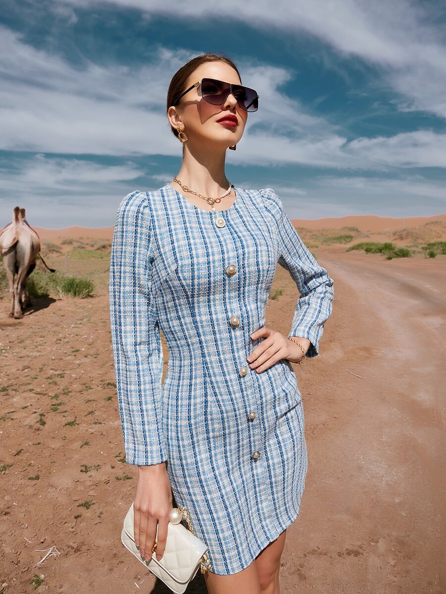 Modelyn Button Detail Plaid Tweed Dress Without Belt