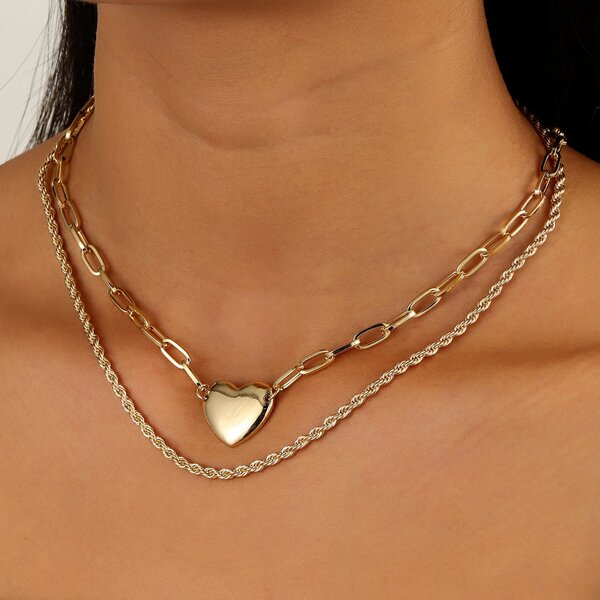2pcs Heart Charm Necklace, Gold