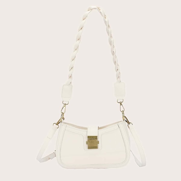 Solid Stone Grain Metal Lock Baguette Bag, White
