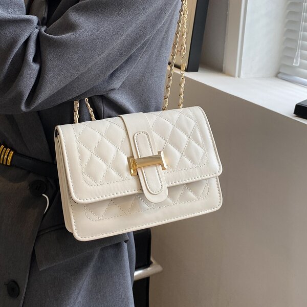 Quilted Pattern Flap Chain Square Bag, White