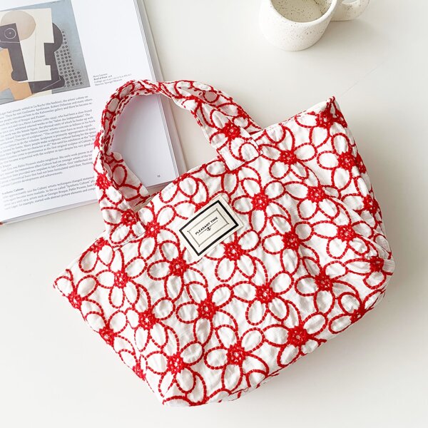 Allover Floral Graphic Shopper Bag, Red and white