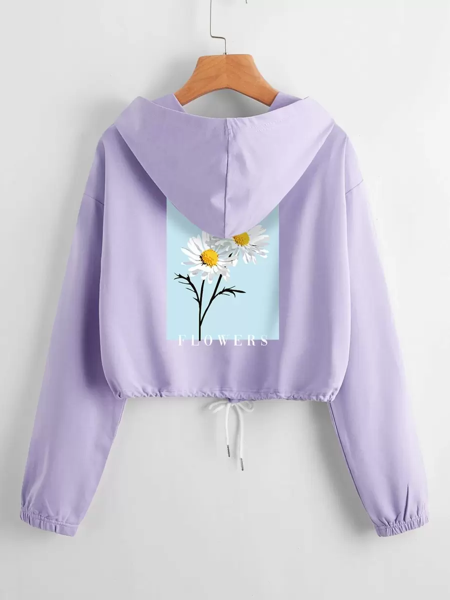 Floral And Letter Graphic Drawstring Crop Hoodie