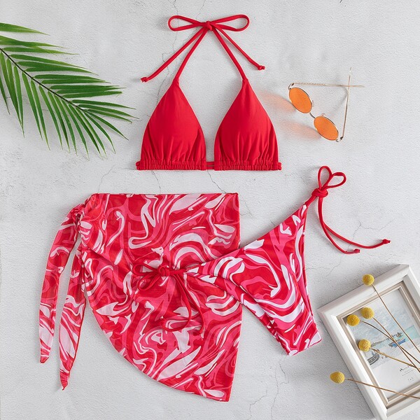 3pack Fluid Pattern Halter Triangle Tie Side Bikini Swimsuit & Beach Skirt, Red and white
3pack Fluid Pattern Halter Triangle Tie Side Bikini Swimsuit & Beach Skirt, Red and white
