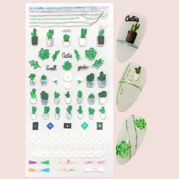 1sheet Cactus Pattern Nail Art Sticker, Green
