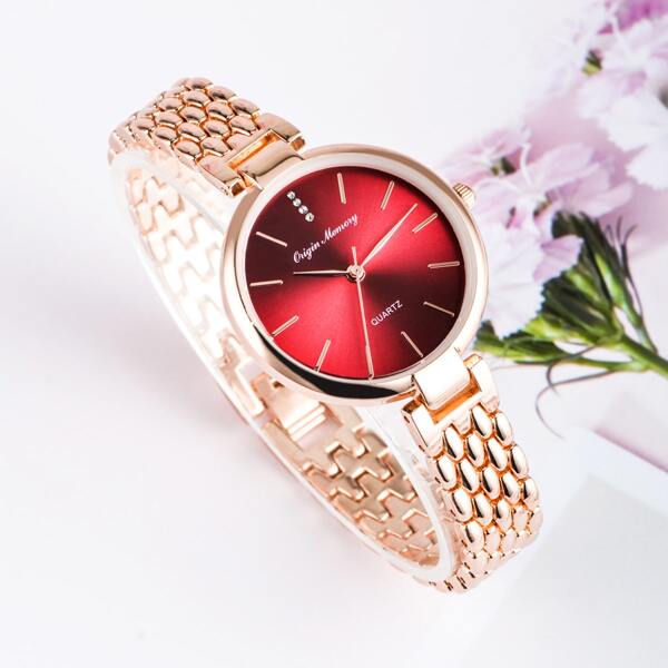 Rhinestone Decor Round Pointer Quartz Watch
