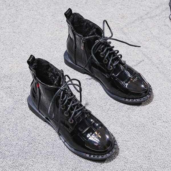 Croc Embossed Lace-up Front Ankle Boots, Black