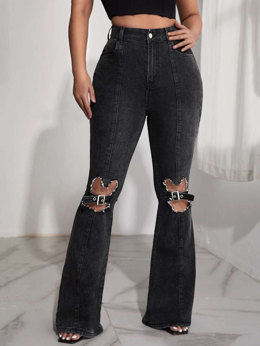 Women Jeans Kieszeń Surowy Brzeg Podarte Umyty Płatki Równy