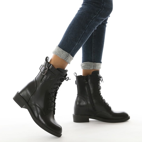 Buckle Detail Side Zip Combat Boots, Black
