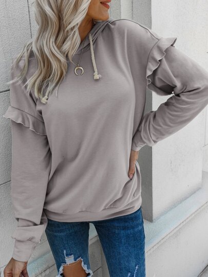 Ruffle Trim Drop Shoulder Drawstring Hoodie