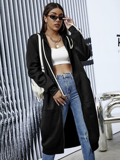 Zip Up Drawstring Long Hoodie