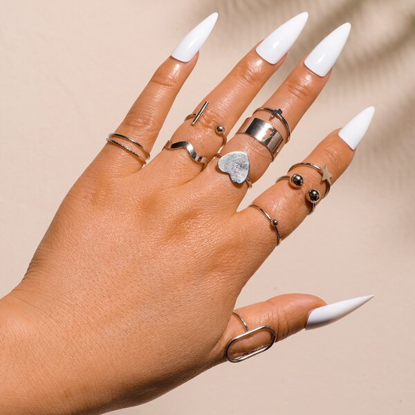 10pcs Simple Ring, Silver