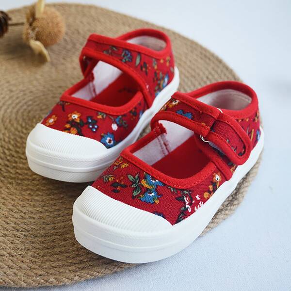 Toddler Girls Floral Graphic Velcro Strap Flats, Red