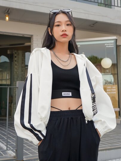 DAZY Zip Up Contrast Sleeve Drawstring Hooded Sweatshirt
