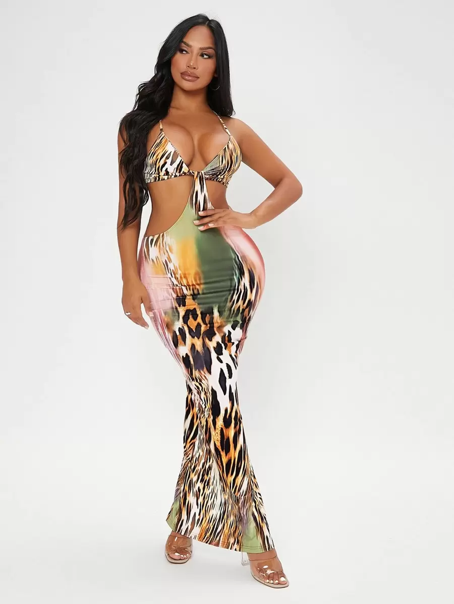 SHEIN SXY Beach;Leopard Print Cut Out Split Hem Dress