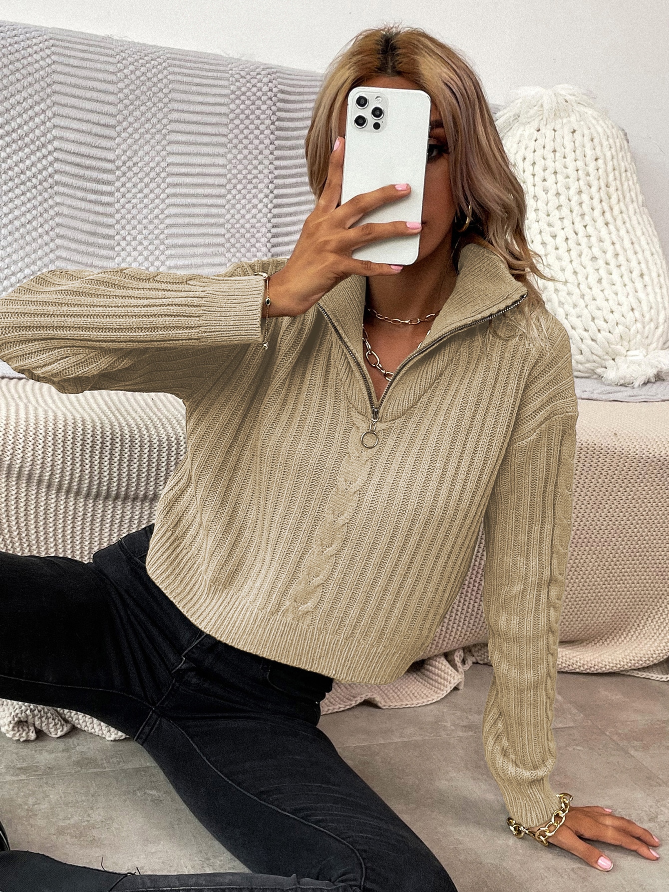 Drop Shoulder Oring Quarter Zip Sweater