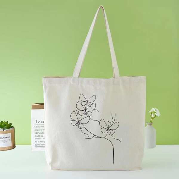 Graphic Print Large Capacity Shopper Bag, Beige