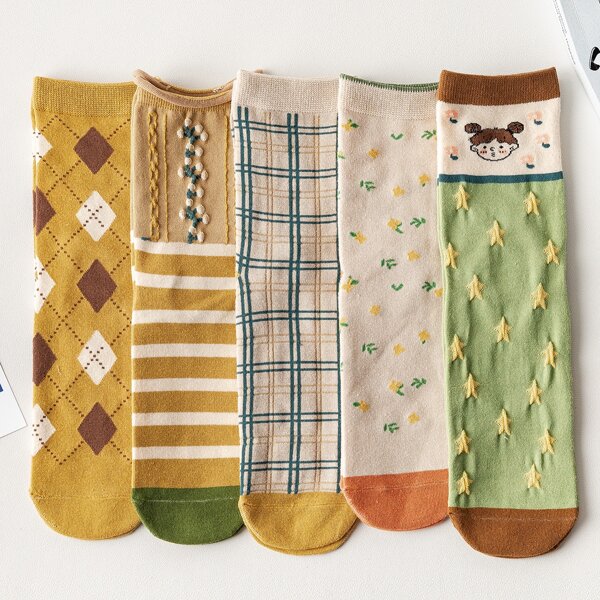 5pairs Geometric Pattern Crew Socks, Multicolor