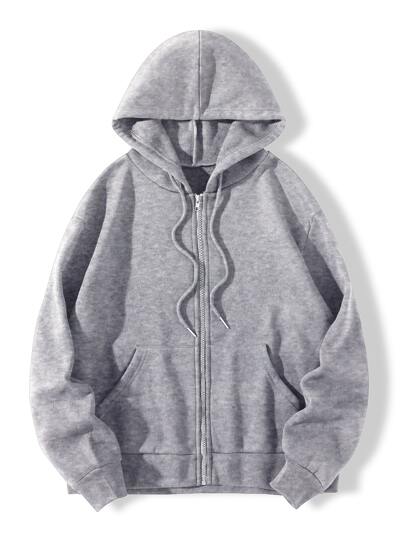 Solid Zip Up Drawstring Hoodie