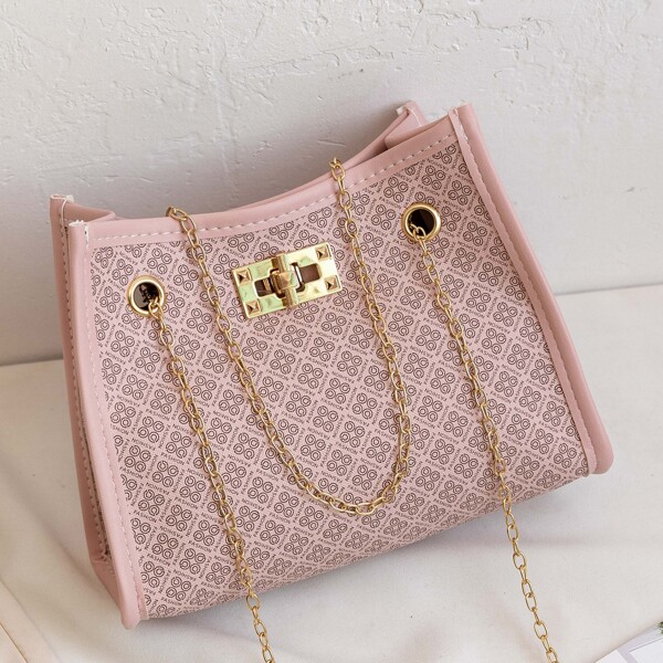 Geometric Pattern Chain Shoulder Bag, Pink