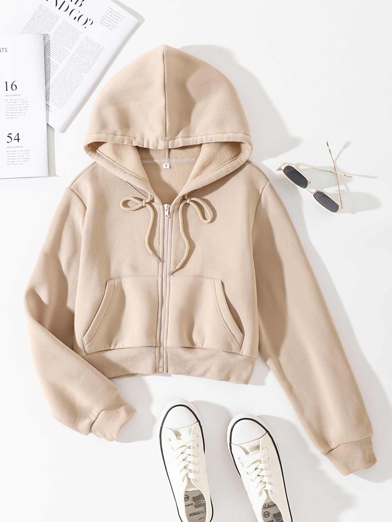 Solid Drawstring Zip Up Crop Hoodie