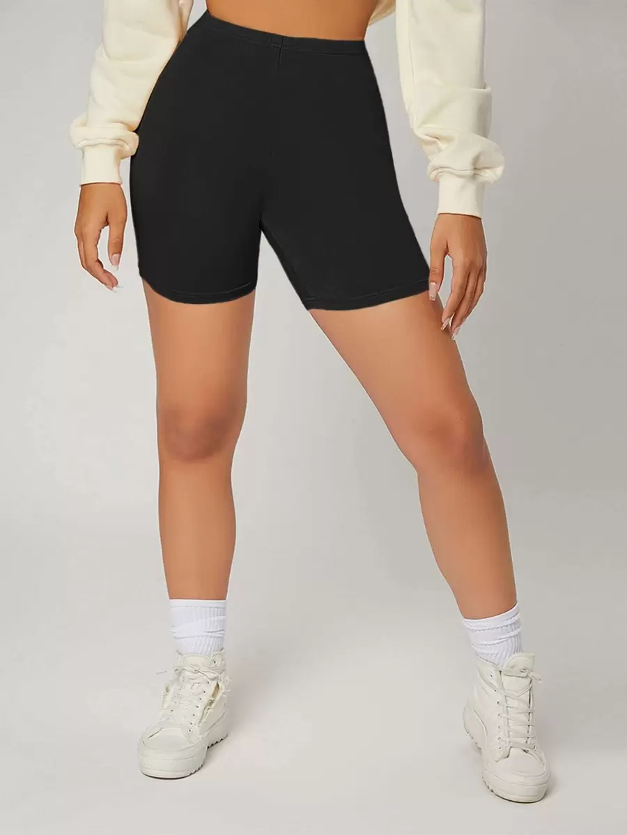SHEIN EZwear Shorts De Cycliste D'été Noir Solide À Taille Haute Et Sports Serrés