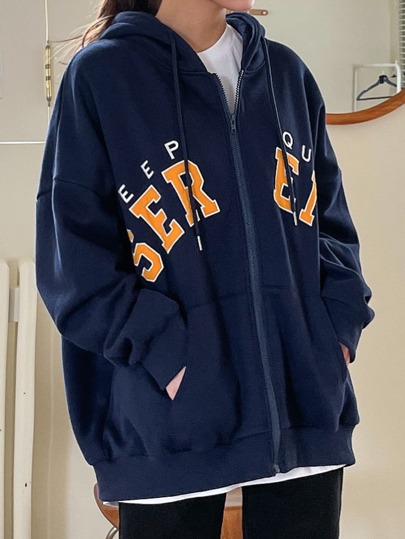 DAZY Letter Embroidery Drop Shoulder Zip Up Drawstring Hoodie