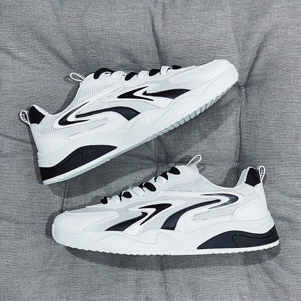 Men Mesh Panel Lace Up Front Sneakers, Black and white