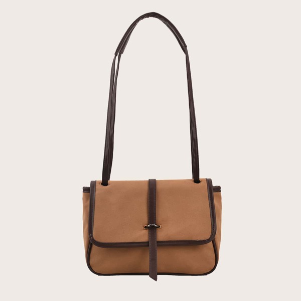 Contrast Binding Flap Square Bag, Brown