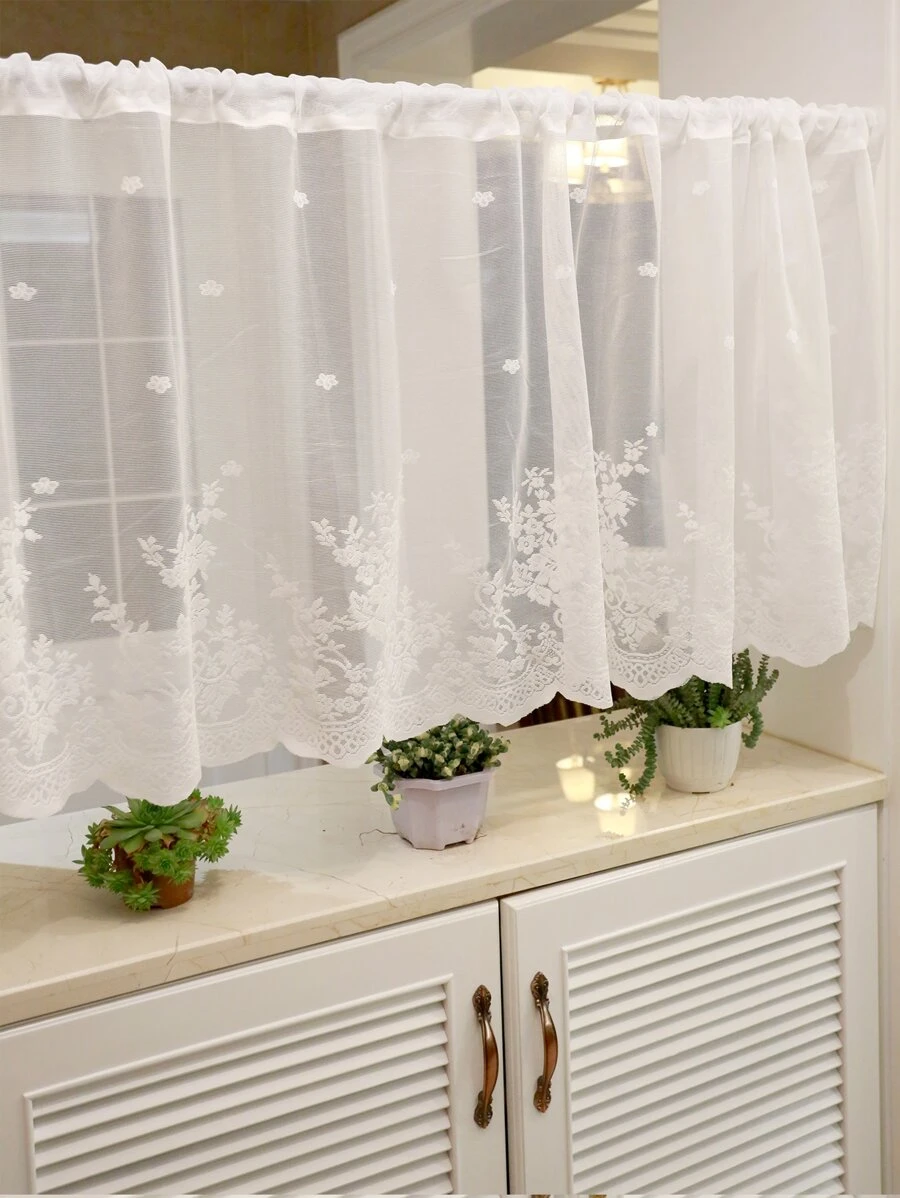 Embroidery Detail Single Panel Valance, White Lace Short Curtain For Home Decor