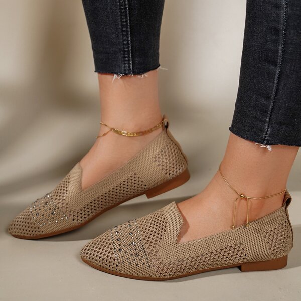 Rhinestone Decor Knit Detail Flats, Brown