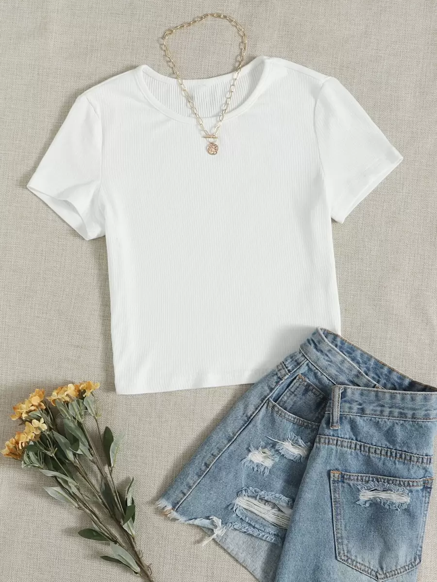 SHEIN EZwear Rib-knit Solid Tee