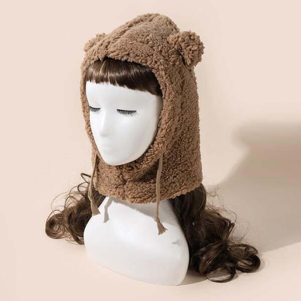 Ears Decor Fuzzy Hat, Brown