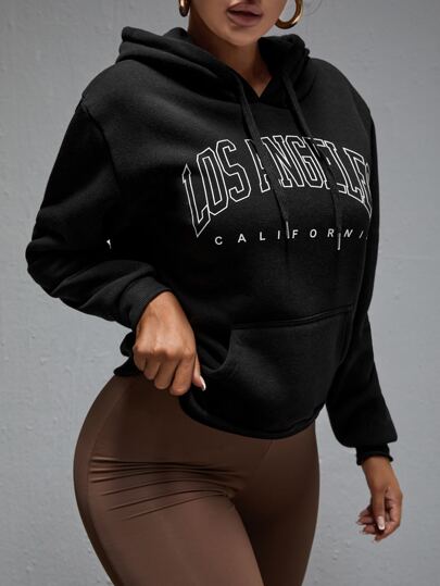 SHEIN Tall Letter Graphic Kangaroo Pocket Drop Shoulder Drawstring Thermal Hoodie