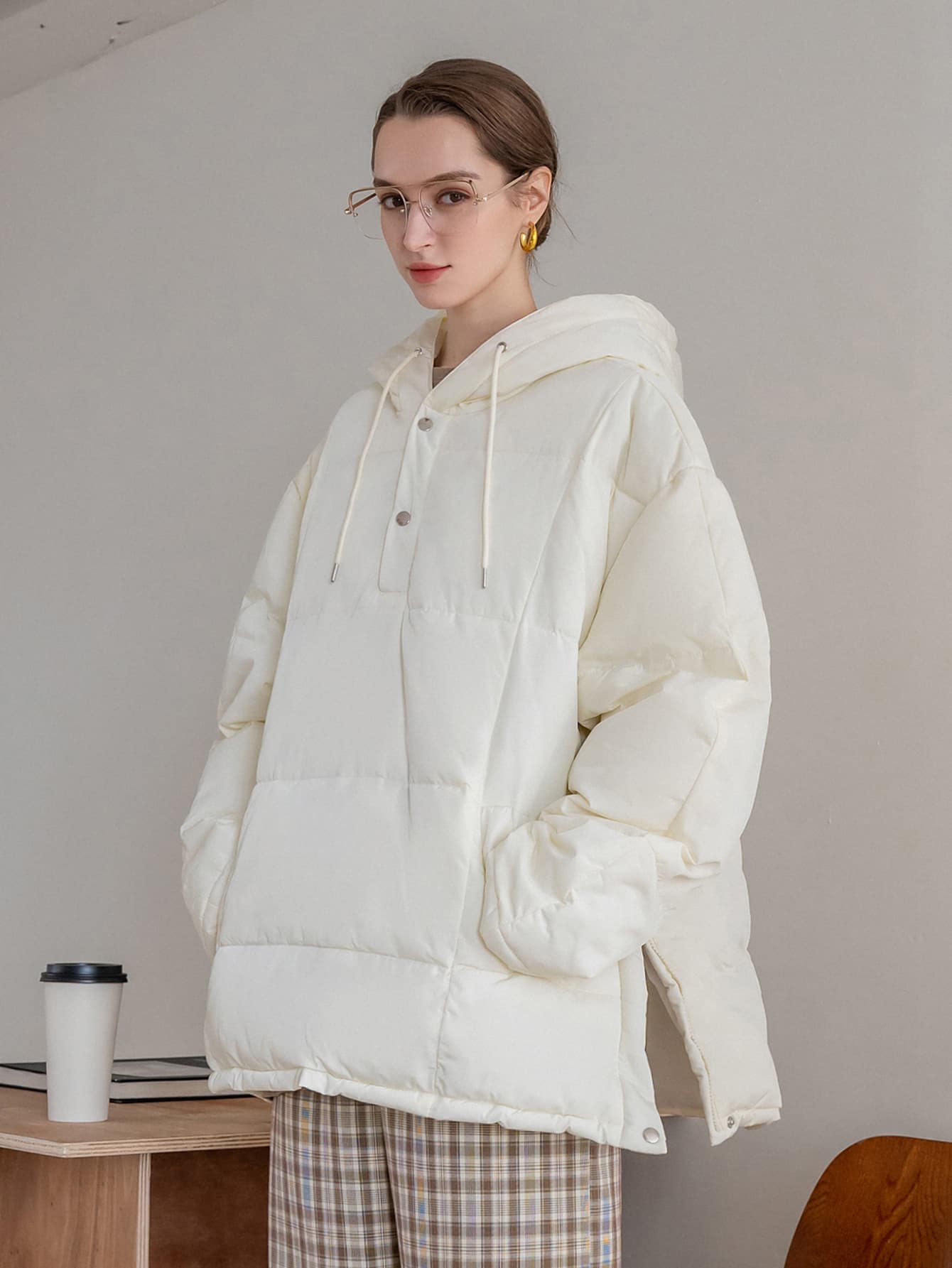 SHEIN COLDBREAK Пуховик на пуговицах на кулиске с капюшоном