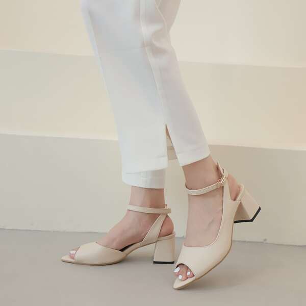 Peep Toe Ankle Strap Chunky Pumps, Apricot
