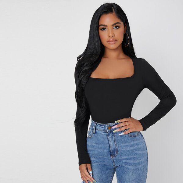 Solid Square Neck Slim Tee, Black