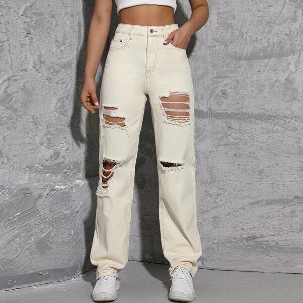 Slant Pocket Ripped Cut Out Jeans, Beige