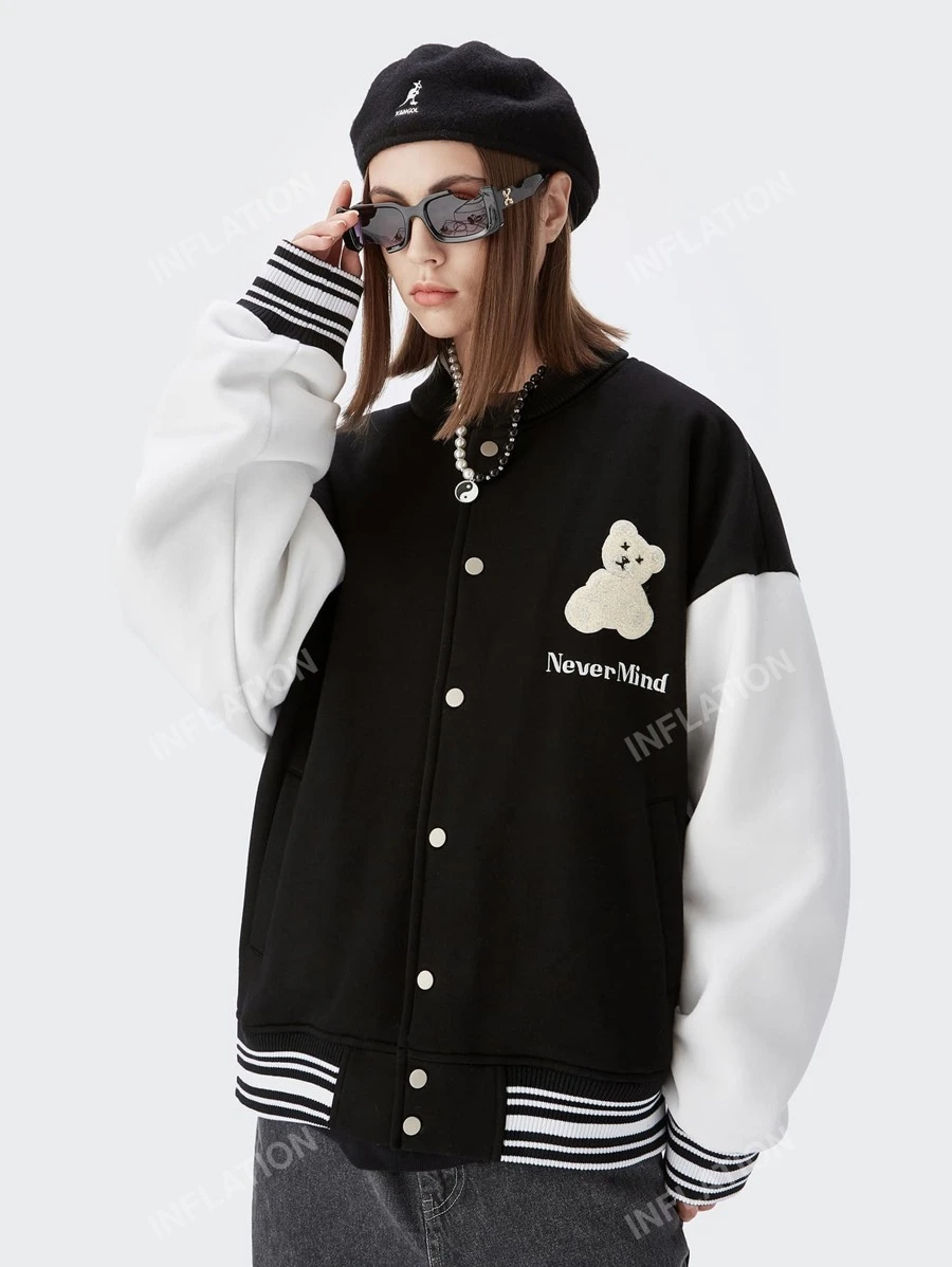 Patch Detail Slogan Embroidery Drop Shoulder Varsity Jacket