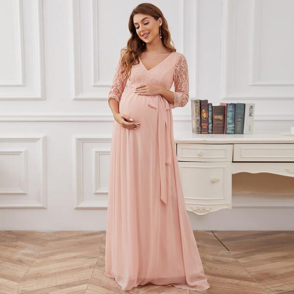 Maternity Lace Panel Belted Chiffon Dress, Baby pink