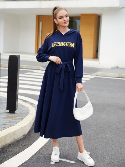 SHEIN 1pc Letter Graphic Drop Shoulder Belted Hoodie Dress