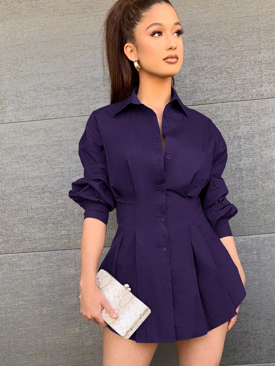 SHEIN BAE قميص ذو ثنايا من الامام مطوي وبأكمام مجمع