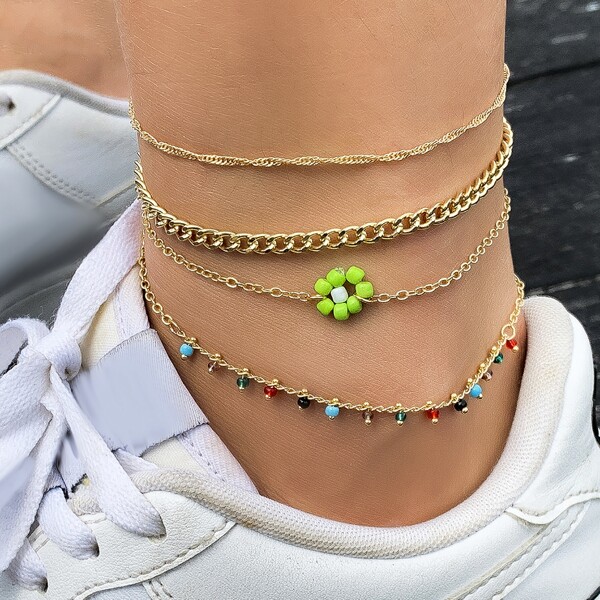 4pcs Flower Decor Anklet, Gold