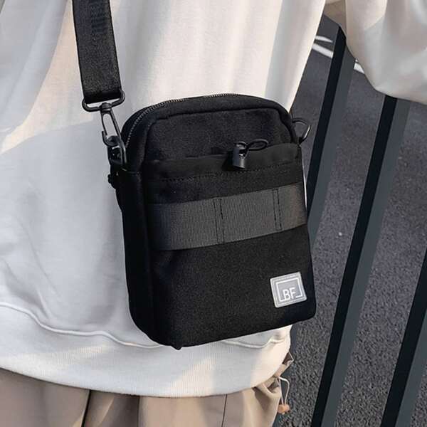 Men Drawstring Detail Crossbody Bag, Black