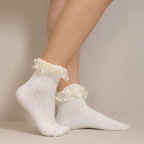 Lace Trim Crew Socks, Beige