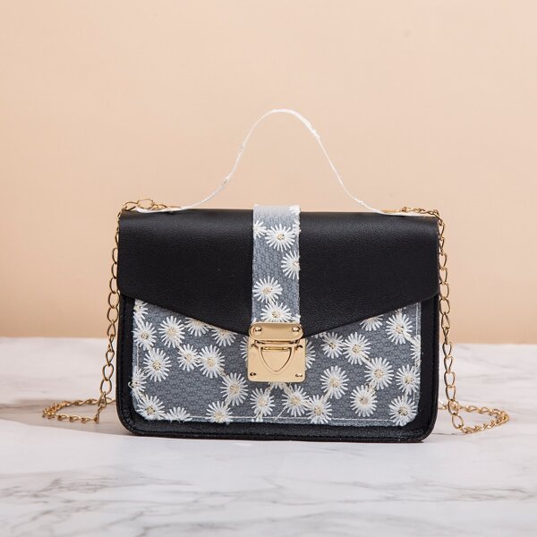 Floral Graphic Push Lock Chain Satchel Bag, Black