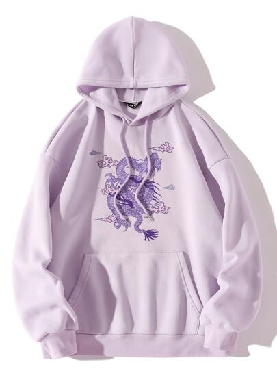 Chinese Dragon Graphic Kangaroo Pocket Drop Shoulder Drawstring Thermal Hoodie