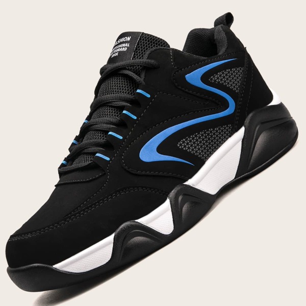 Men Patch Decor Lace Up Front Sneakers, Black