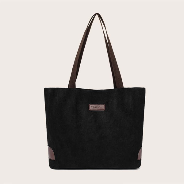 Letter Patch Corduroy Tote Bag, Black