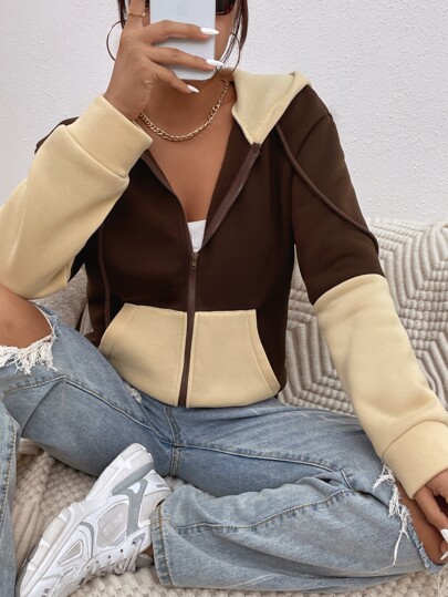 Color Block Kangaroo Pocket Drawstring Thermal Hoodie